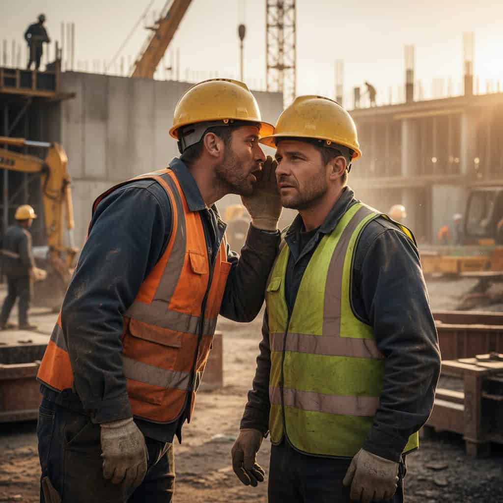 Due operai edili con elmetto protettivo e gilet ad alta visibilità si trovano in un cantiere, con uno che sussurra qualcosa all'orecchio dell'altro.