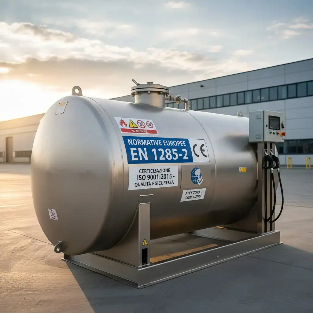Un grande serbatoio cilindrico in acciaio inossidabile per il carburante, è installato nel cortile di un'azienda all'aperto. con GLI ADESIVI NORMATIVA EUROPEA EN 1285-2 E CERTIFICAZIONE ISO9001
